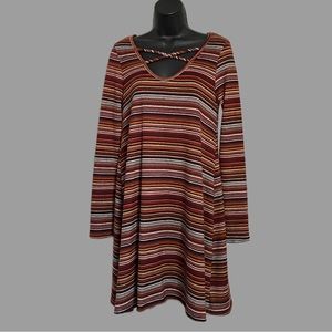 Entro Striped Long Sleeve Knit T-Shirt V-Neck Pullover Shift Dress
